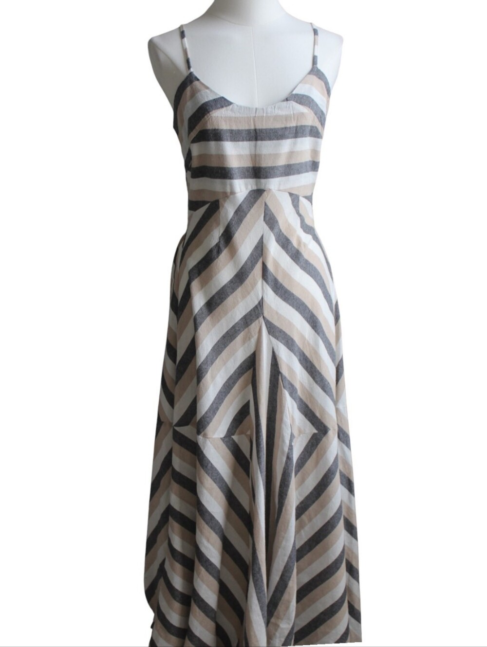 Striped Spaghetti Strap Maxi Cotton Dress in Beige, Gray & White